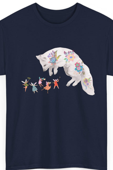 Navy blue t-shirt with a white fox and fairy design on a white background
