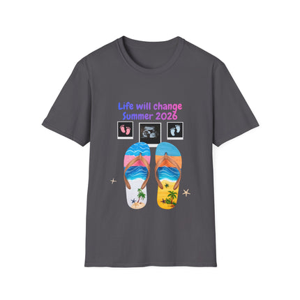 Gray t-shirt with flip-flop design and text on a white background