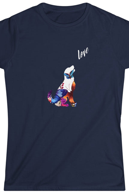 Navy blue t-shirt with a colorful dog design and 'love' text on a white background