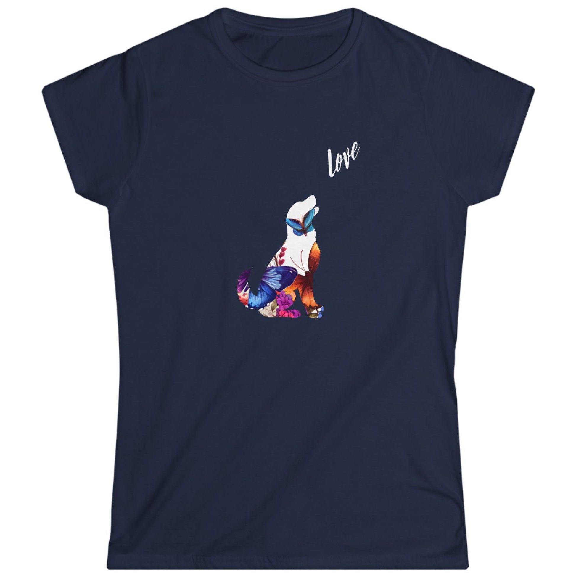 Navy blue t-shirt with a colorful dog design and 'love' text on a white background