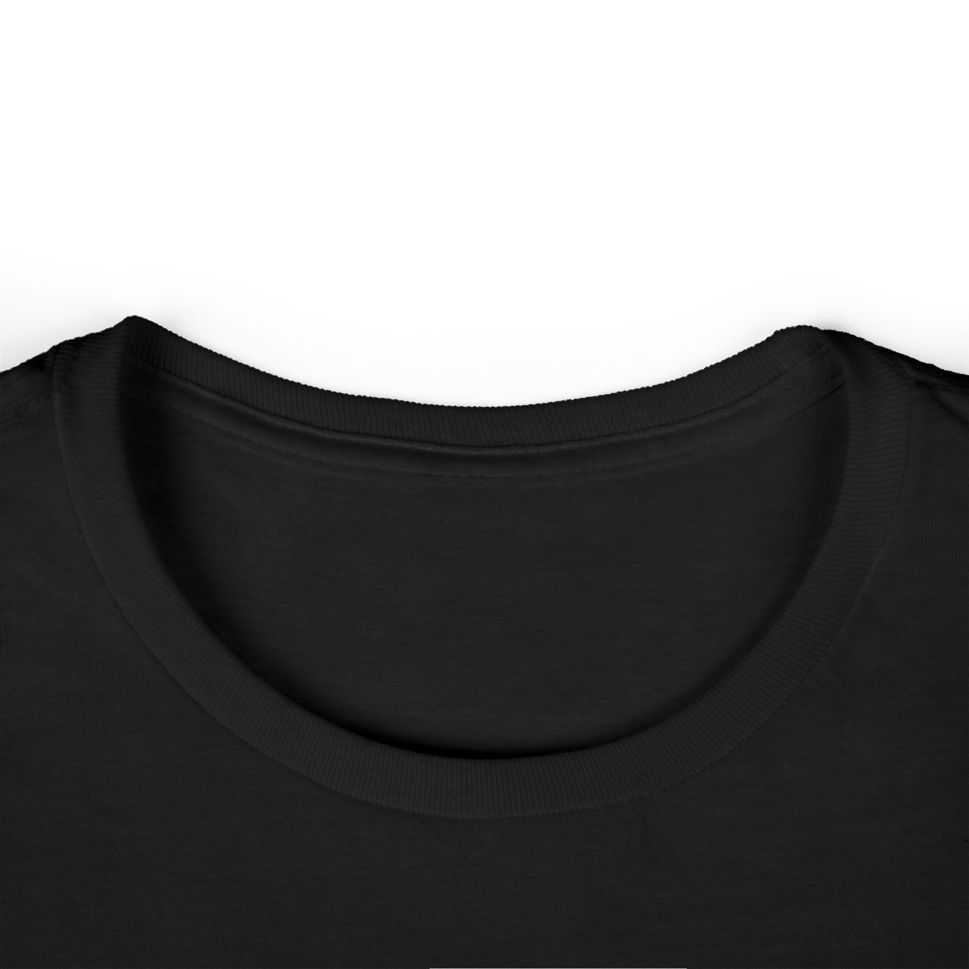 Close-up of a black t-shirt collar on a white background