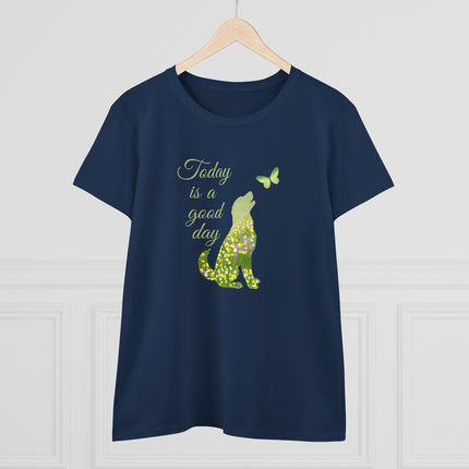 Navy blue t-shirt with a floral dog and butterfly design on a white background