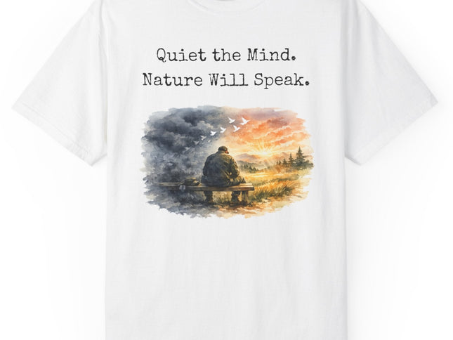 White t-shirt with a veteran-nature-themed graphic and text on a white background
