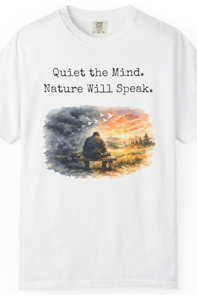 White t-shirt with a veteran-nature-themed graphic and text on a white background
