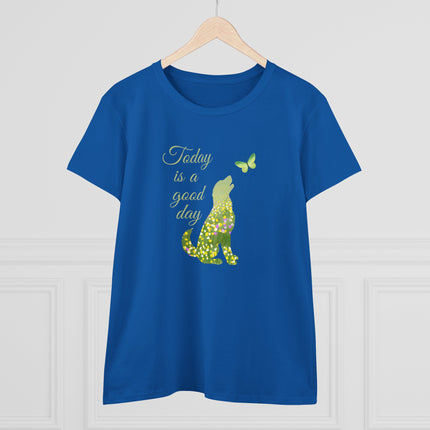 Blue t-shirt with a dog and butterfly graphic and 'Today is a good day' text on a white background