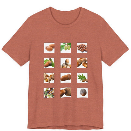 Brown t-shirt with images of acorns and leaves on a white background