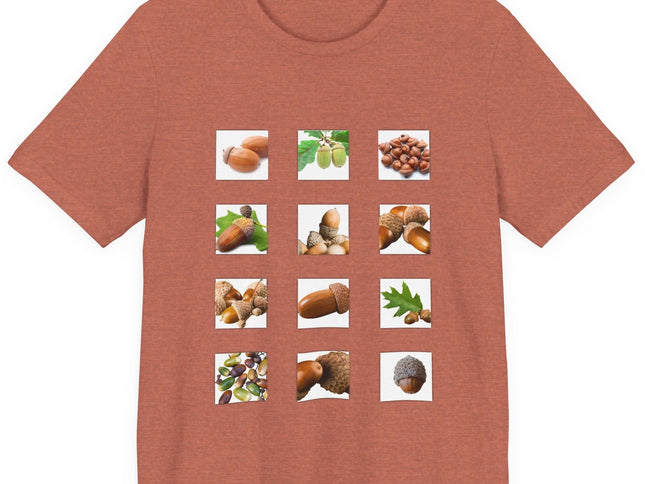 Brown t-shirt with images of acorns and leaves on a white background