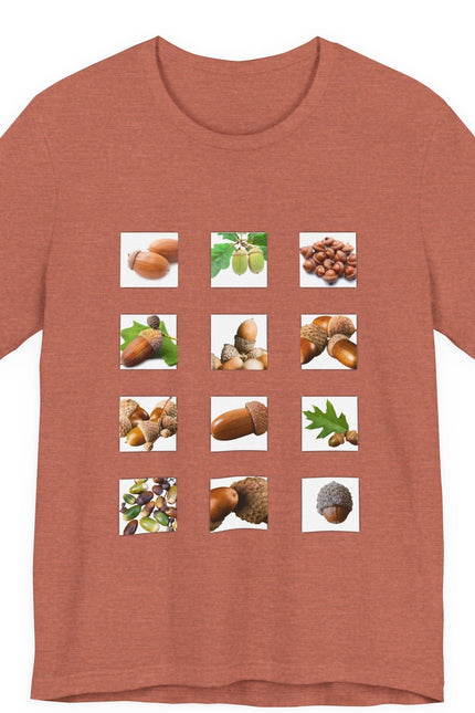 Brown t-shirt with images of acorns and leaves on a white background