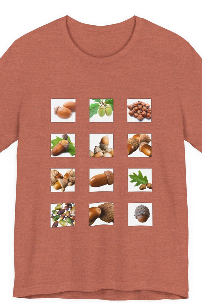 Brown t-shirt with images of acorns and leaves on a white background