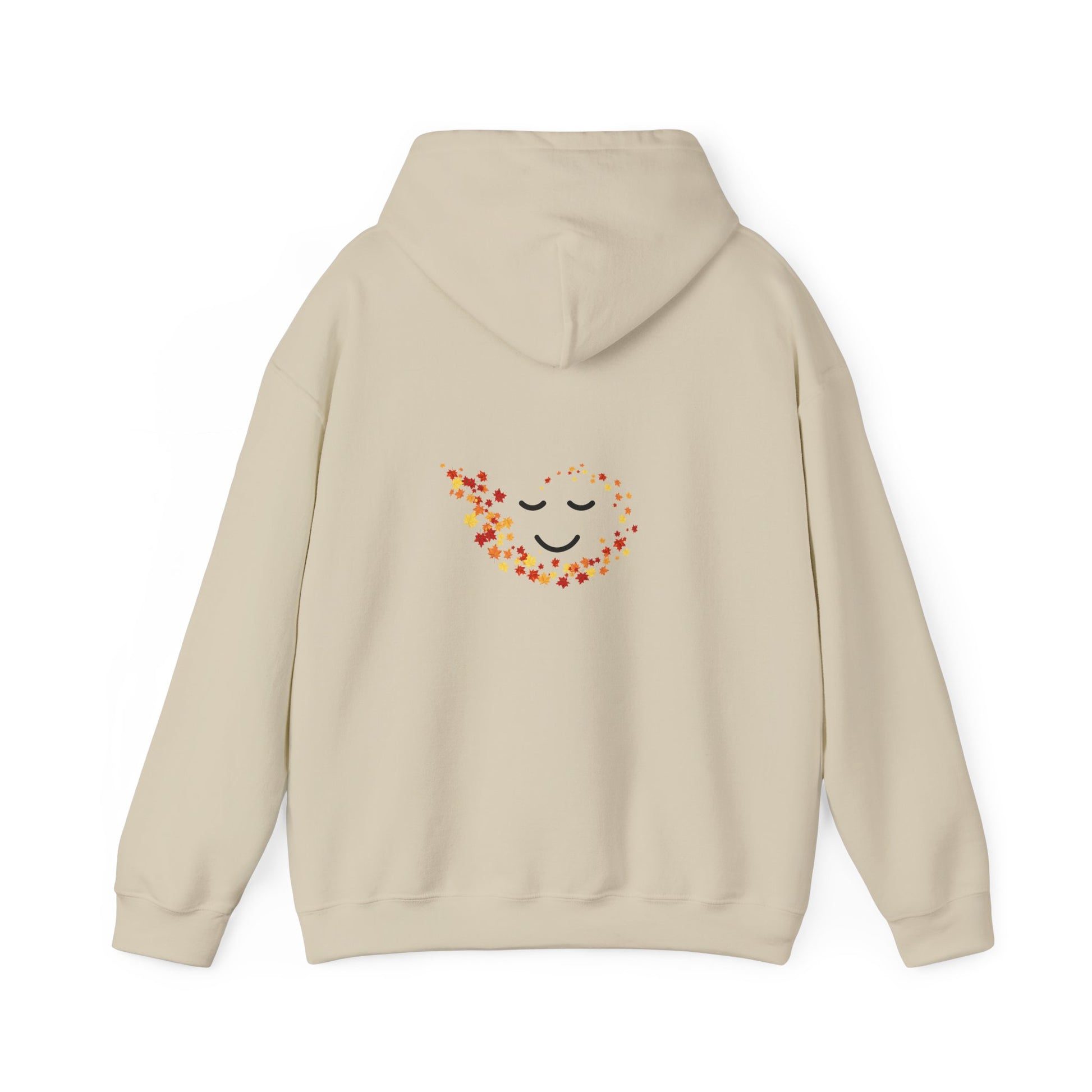 Back of sand hoodie with a colorful smiley face design on the back against a white background
