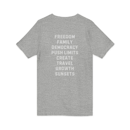 Inspiration Words V-Neck Unisex Tee — Pre and Post Retirement Motivational T-Shirt (Education • Family • Freedom)