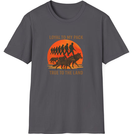 Charcoal t-shirt with graphic design of soldiers and wolves. Text states Loyal to my Pack, True to the Land. 