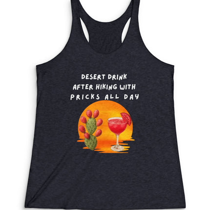 Black tank top with desert-themed graphic and text on a white background