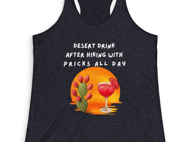 Black tank top with desert-themed graphic and text on a white background