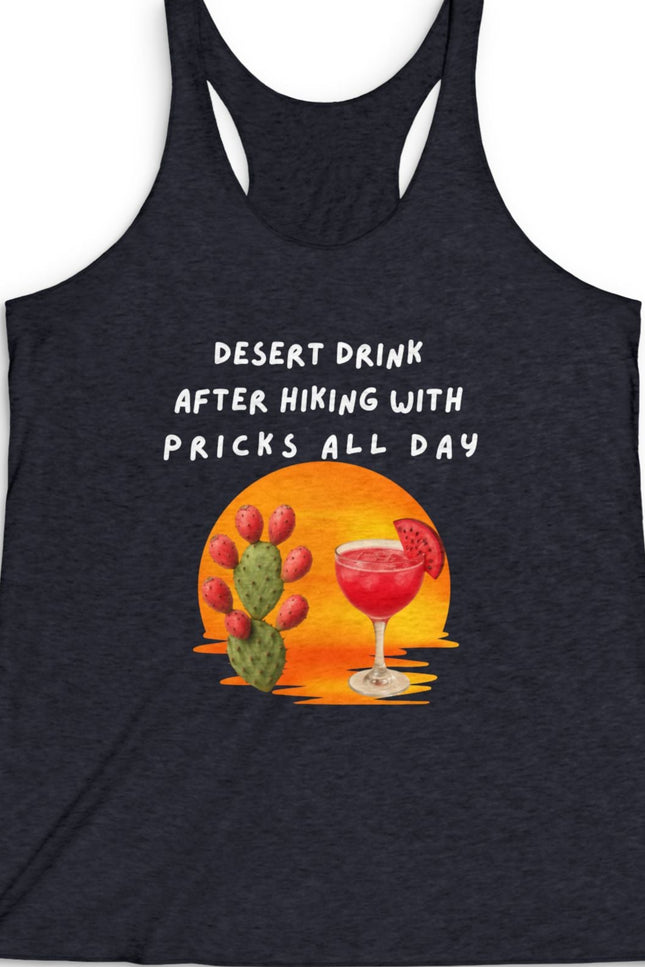 Black tank top with desert-themed graphic and text on a white background