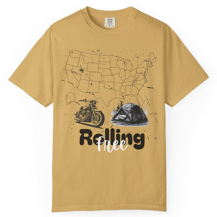 Mustard t-shirt with a graphic of a map of the United States and text 'Rolling Free' on a white background