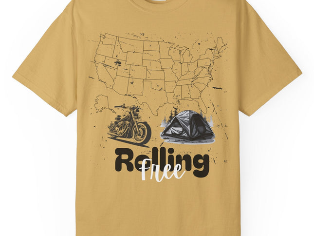 Mustard t-shirt with a graphic of a map of the United States and text 'Rolling Free' on a white background