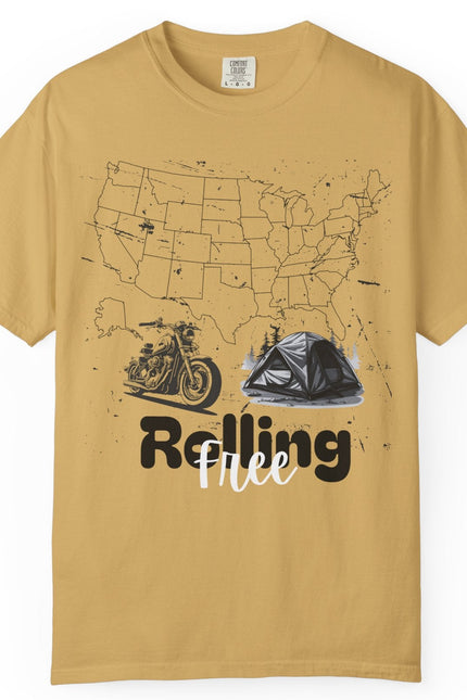 Mustard t-shirt with a graphic of a map of the United States and text 'Rolling Free' on a white background