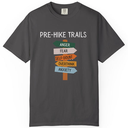 Gray t-shirt with 'Pre-Hike Trails' graphic and colorful arrows on a white background