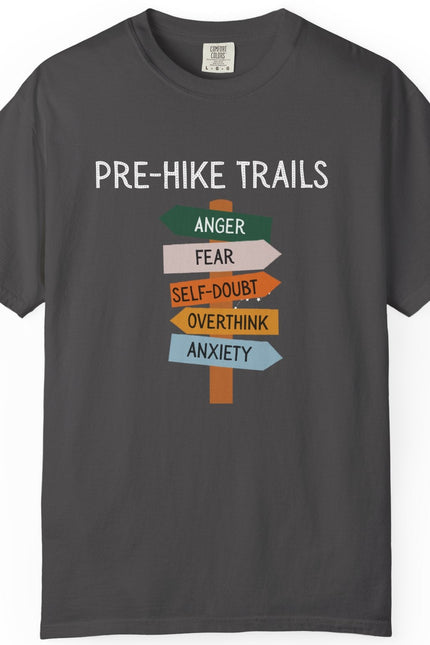 Gray t-shirt with 'Pre-Hike Trails' graphic and colorful arrows on a white background