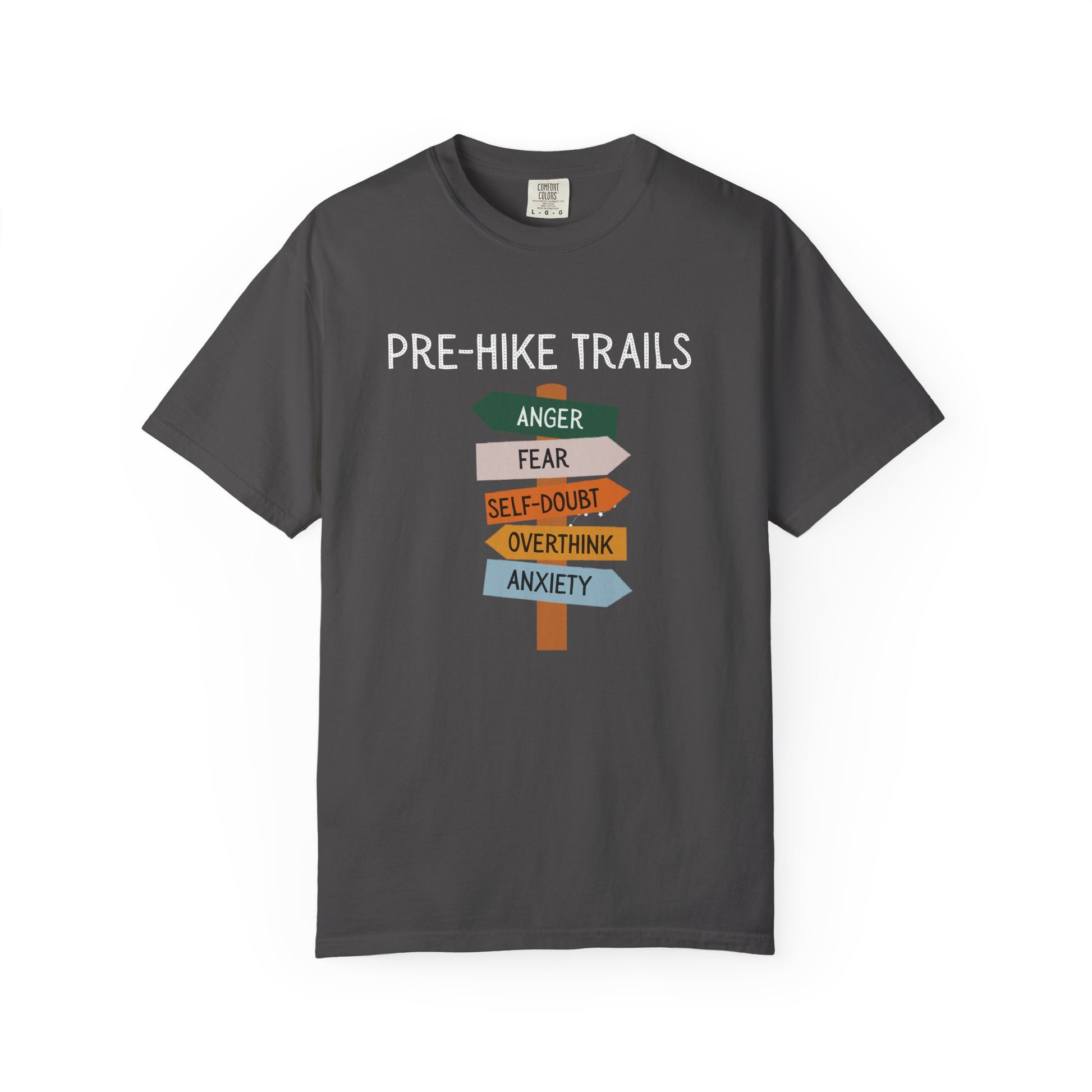 Gray t-shirt with 'Pre-Hike Trails' graphic and colorful arrows on a white background