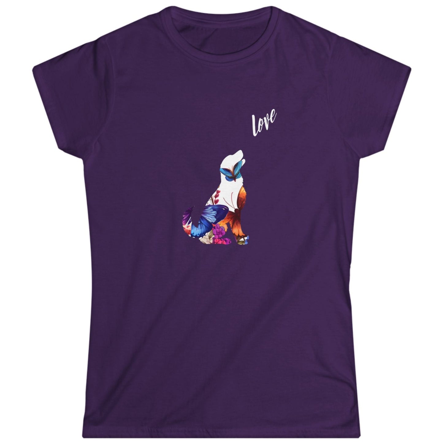 Purple t-shirt with a colorful dog design and 'love' text on a white background