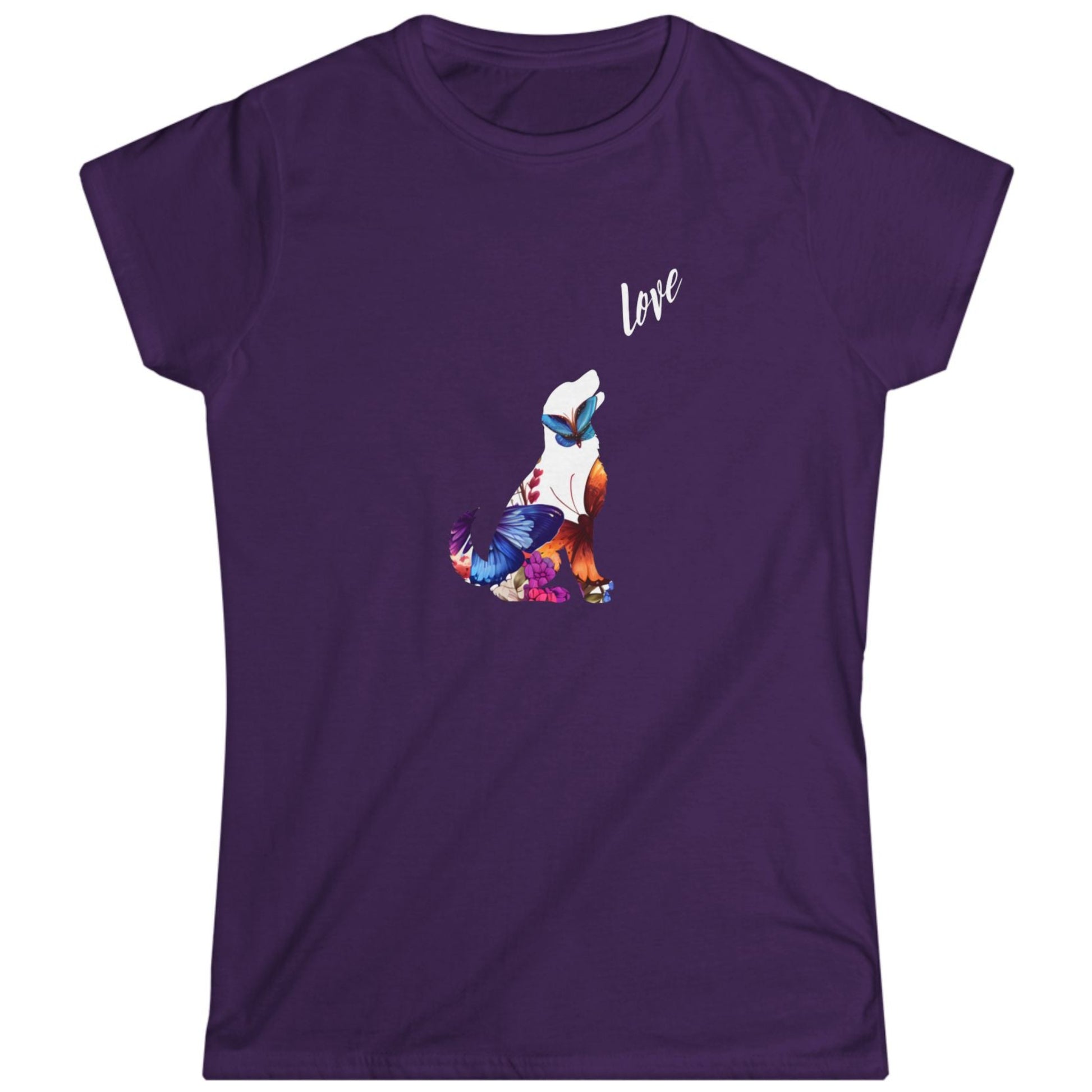 Purple t-shirt with a colorful dog design and 'love' text on a white background