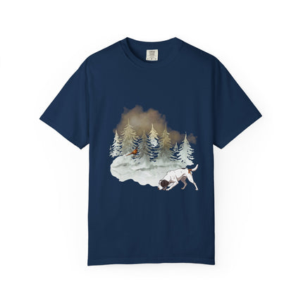 Navy blue t-shirt with a graphic of a dog walking in the forest and a pheasant under the snowy tree.
