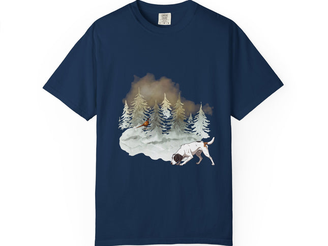 Navy blue t-shirt with a graphic of a dog walking in the forest and a pheasant under the snowy tree.