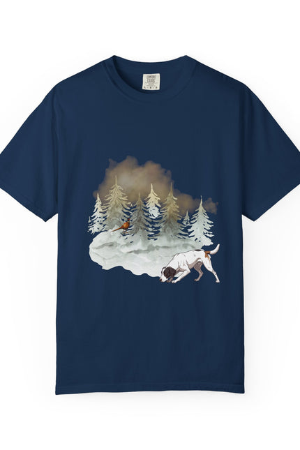 Navy blue t-shirt with a graphic of a dog walking in the forest and a pheasant under the snowy tree.