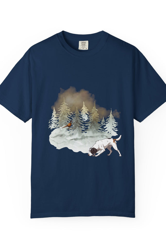 Navy blue t-shirt with a graphic of a dog walking in the forest and a pheasant under the snowy tree.