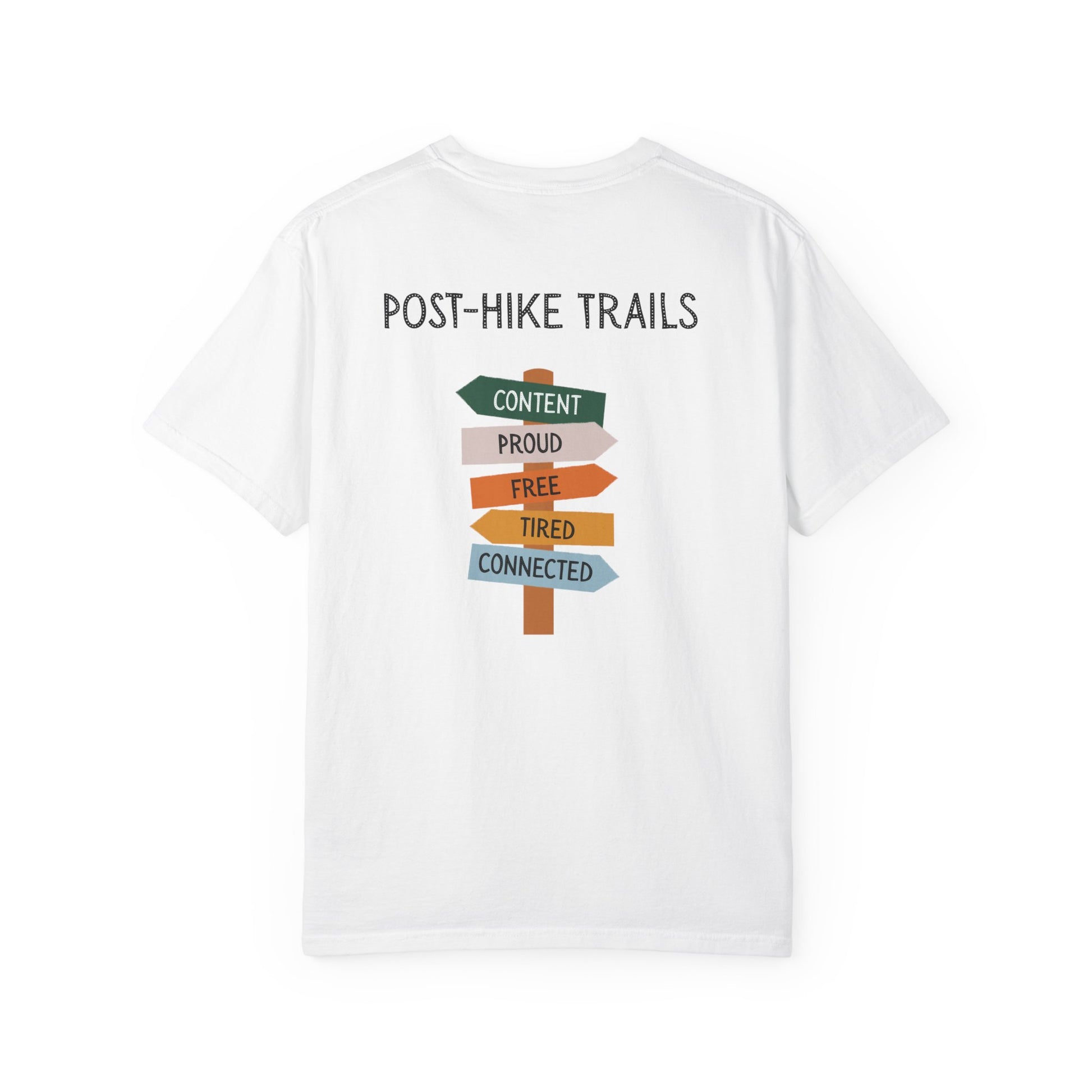 Back of white t-shirt with 'Post-Hike Trails' design on a white background