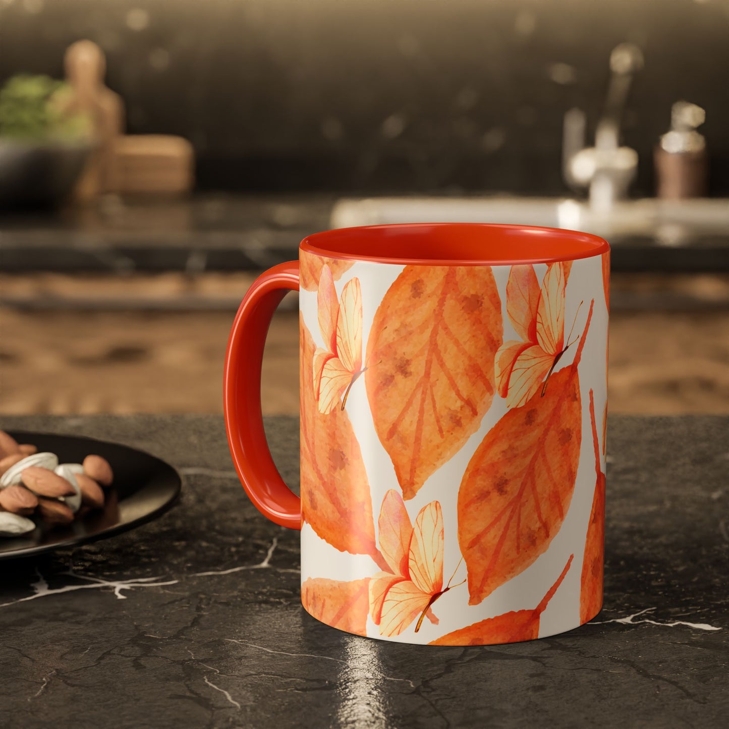 Mug with Fall Colors Autumn Leaves and Butterflies