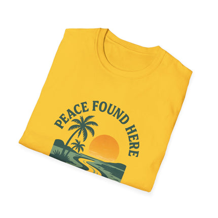 Yellow t-shirt with 'Peace Found Here' graphic design on a white background