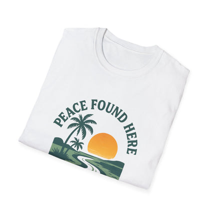 White t-shirt with 'Peace Found Here' graphic design on a white background