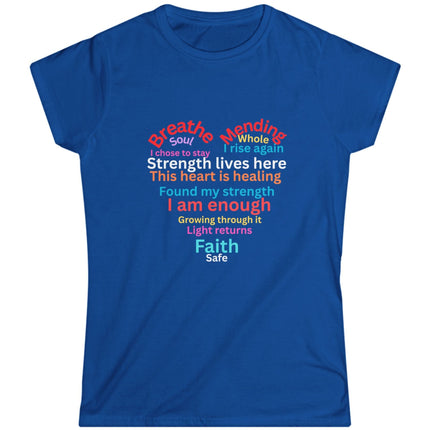 Blue t-shirt with colorful motivational suicide prevention text design shaped in a heart on a white background.