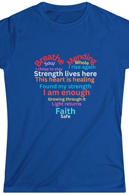 Blue t-shirt with colorful motivational suicide prevention text design shaped in a heart on a white background.
