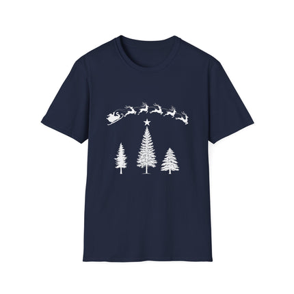 Navy T-shirt with Santa and his team flying over a stand of evergreen trees. White background.