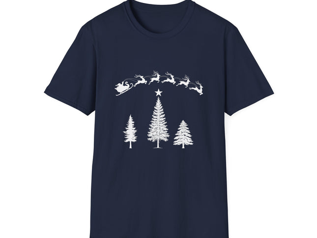 Navy T-shirt with Santa and his team flying over a stand of evergreen trees. White background.
