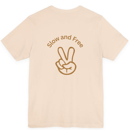 Slow, Free Peace Sign Tee 1970s Female Backpacker Retro Travel Unisex T-Shirt