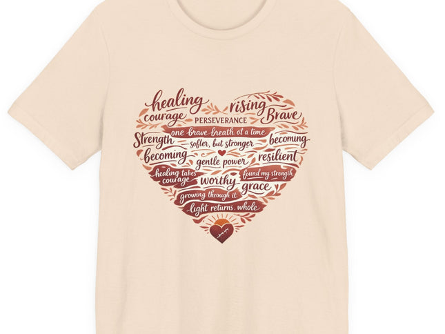 Beige t-shirt with motivational quote in heart shape on a white background