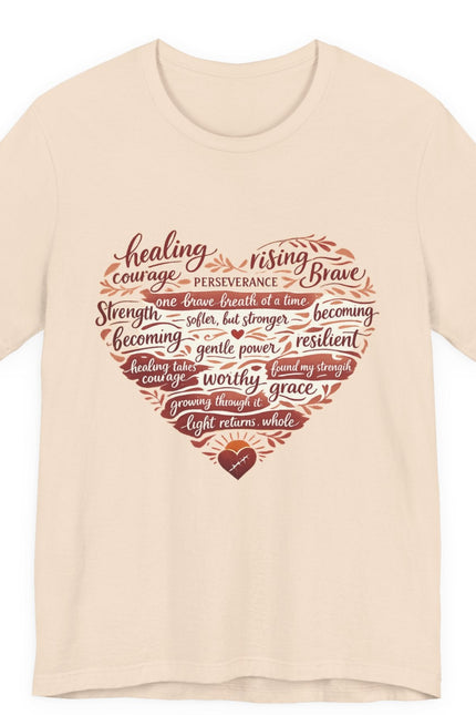 Beige t-shirt with motivational quote in heart shape on a white background