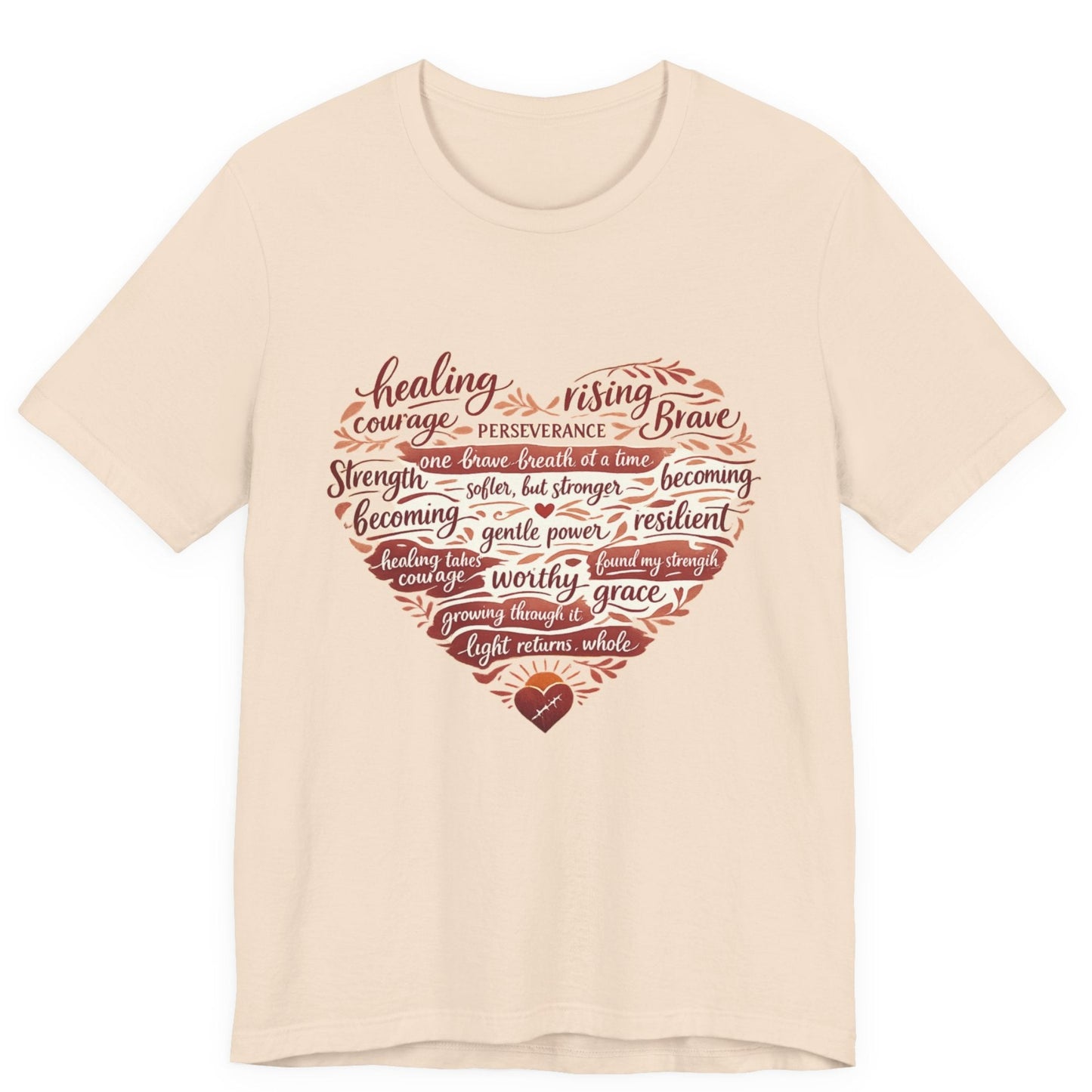 Beige t-shirt with motivational quote in heart shape on a white background