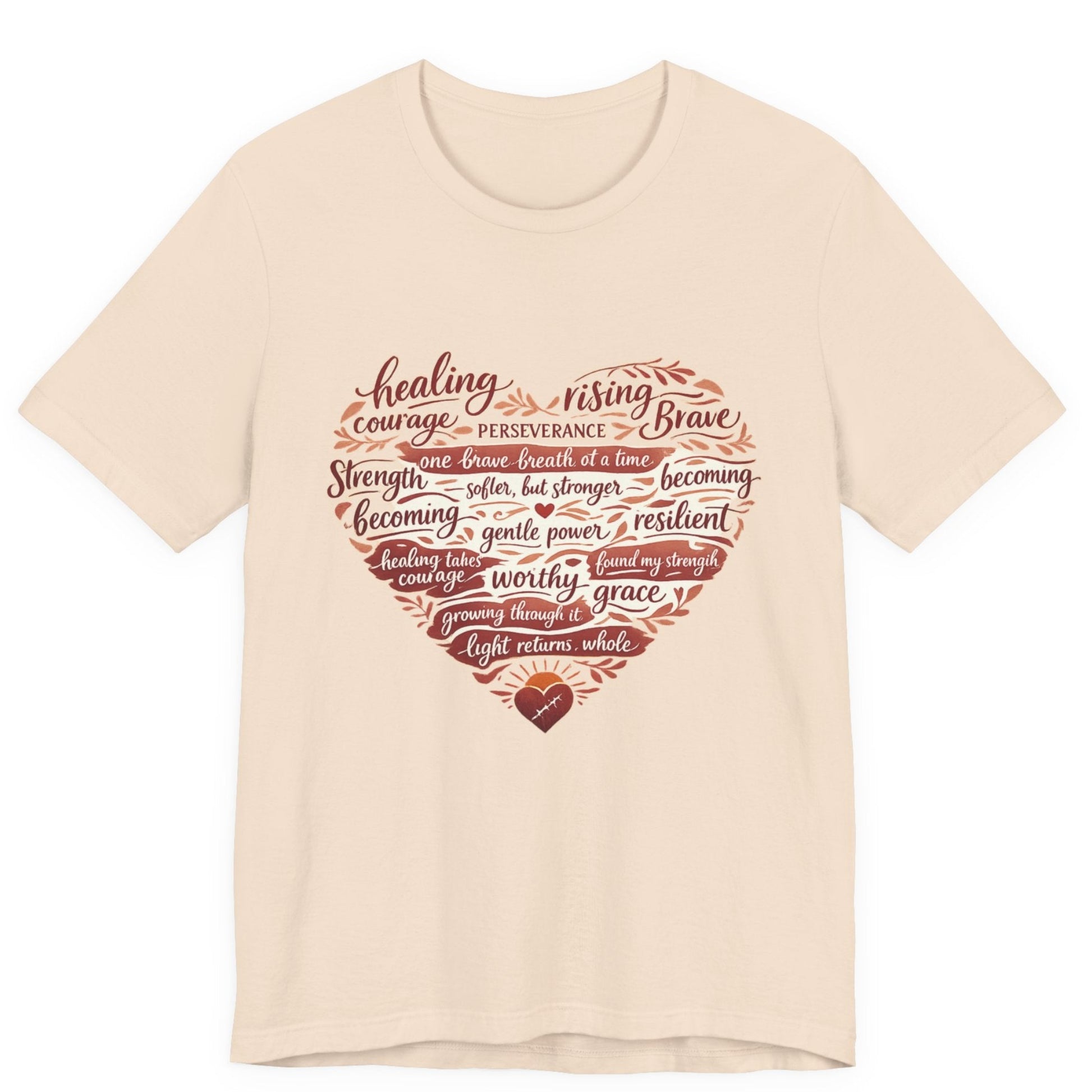 Beige t-shirt with motivational quote in heart shape on a white background