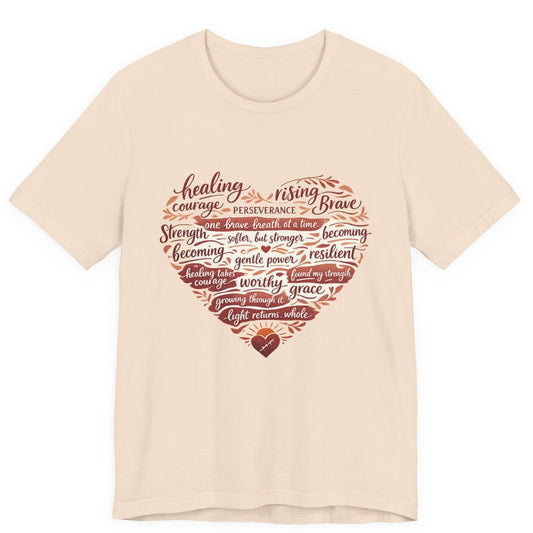 Beige t-shirt with motivational quote in heart shape on a white background
