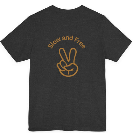 Slow, Free Peace Sign Tee 1970s Female Backpacker Retro Travel Unisex T-Shirt