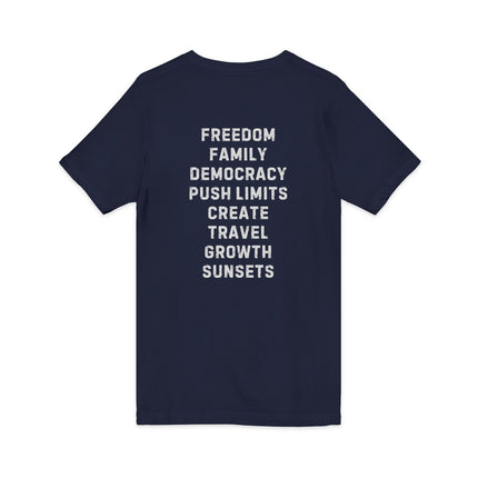 Inspiration Words V-Neck Unisex Tee — Pre and Post Retirement Motivational T-Shirt (Education • Family • Freedom)