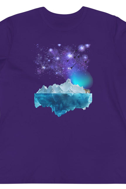 Purple t-shirt with a northern lights and a polar bear on an iceberg looking at the glorious landscape and starry sky design on a white background