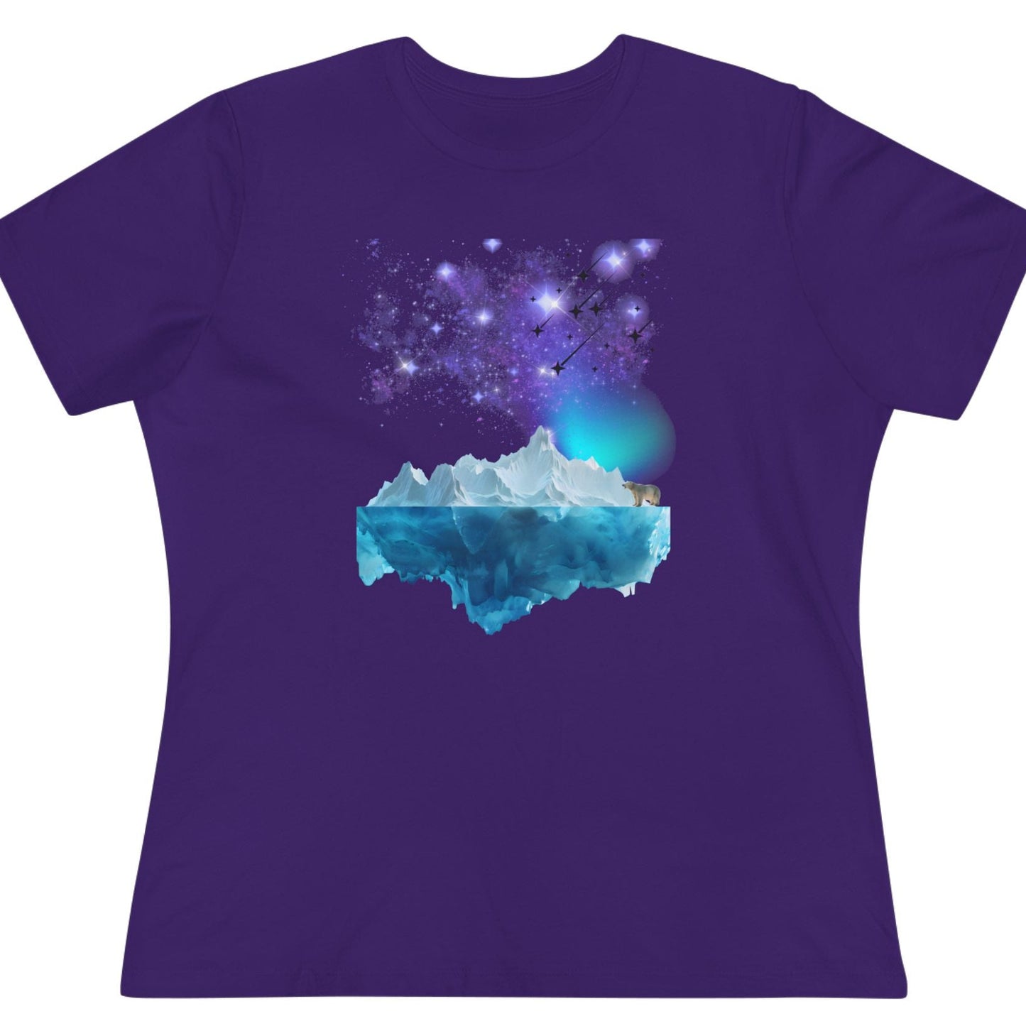 Purple t-shirt with a northern lights and a polar bear on an iceberg looking at the glorious landscape and starry sky design on a white background