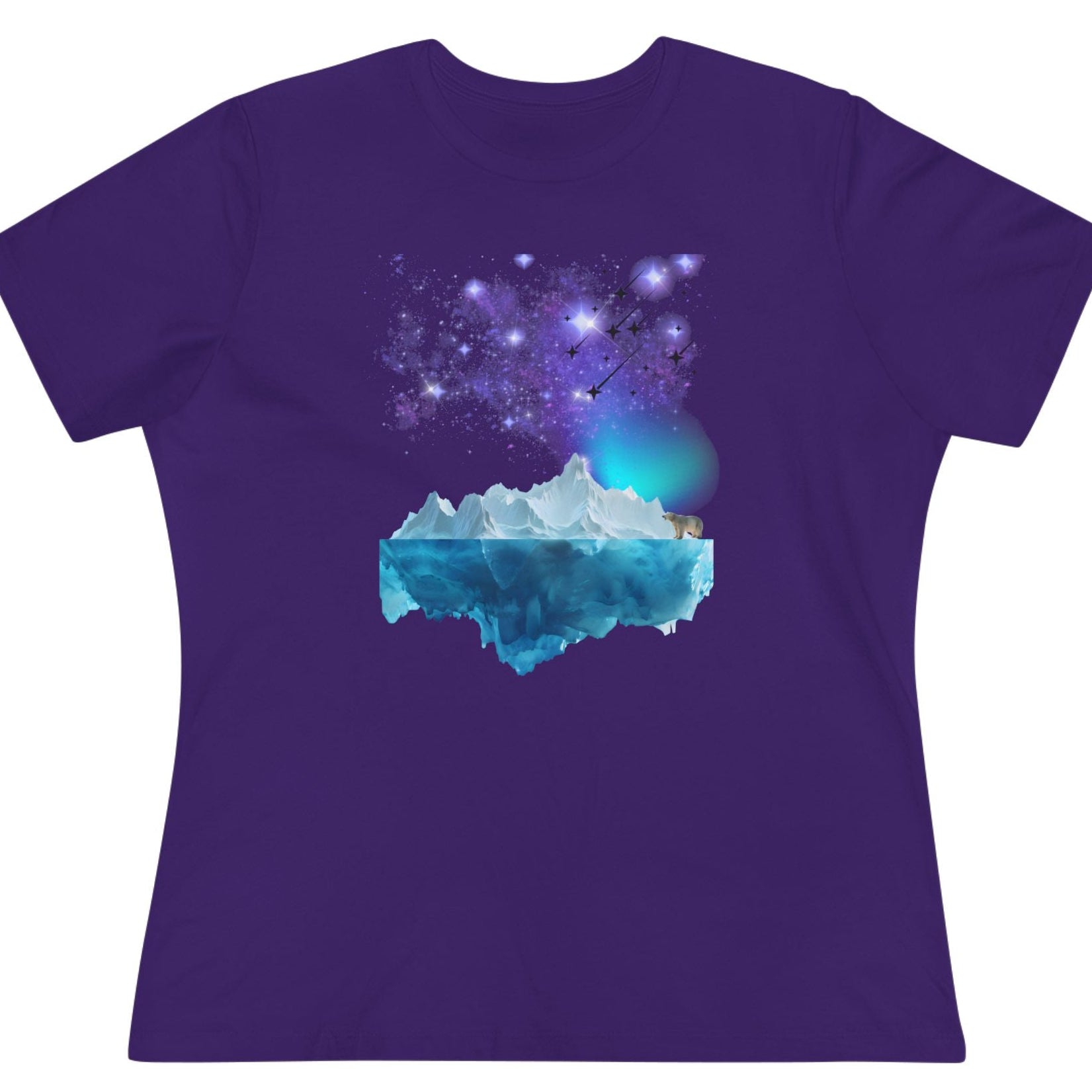 Purple t-shirt with a northern lights and a polar bear on an iceberg looking at the glorious landscape and starry sky design on a white background